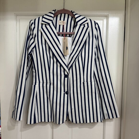 NEW with Tags $595 Alice + Olivia Jacket Navy & White striped sz 8 - Picture 1 of 6